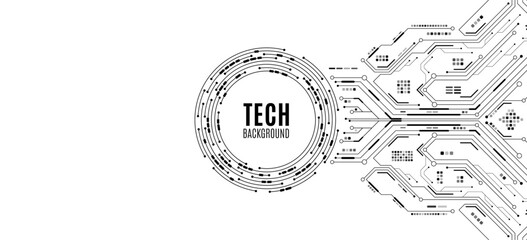 Minimalistic technology background featuring black circuit lines and electronics elements on white backdrop. Digital circuit board with electronic system for hi-tech banner design. Vector illustration