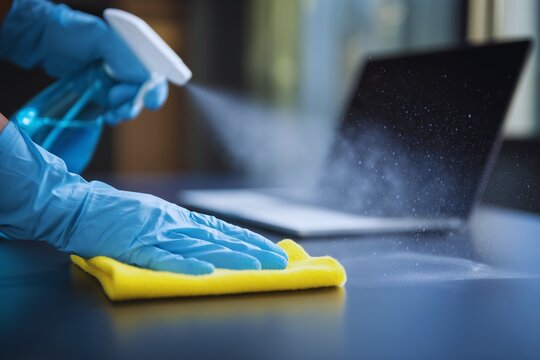 High-resolution image of a person wearing blue gloves cleaning a dark surface with a yellow cloth and spraying blue cleaning solution in a home office setting, emphasizing hygiene.

