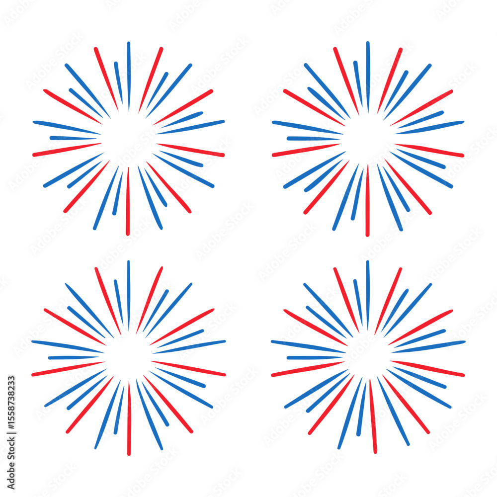 Poster four circular burst patterns with alternating red and blue rays emanating from the center point