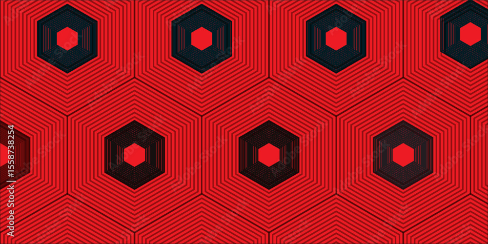 Poster abstract geometric hexagon pattern with red and black concentric lines, modern and seamless design i