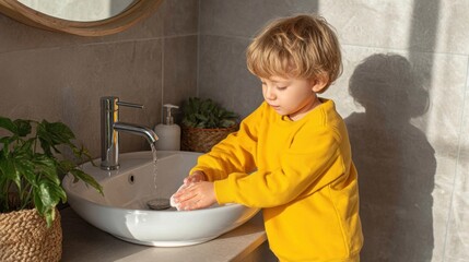 Young child washing hands with soap in a modern styled bright bathroom