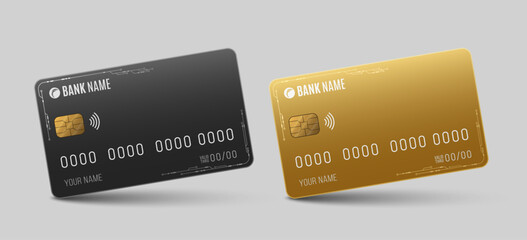 Realistic bank cards with electronic circuit details on a light background. Credit or debit plastic card with chip and contactless icon for online payments and secure transactions. Vector illustration