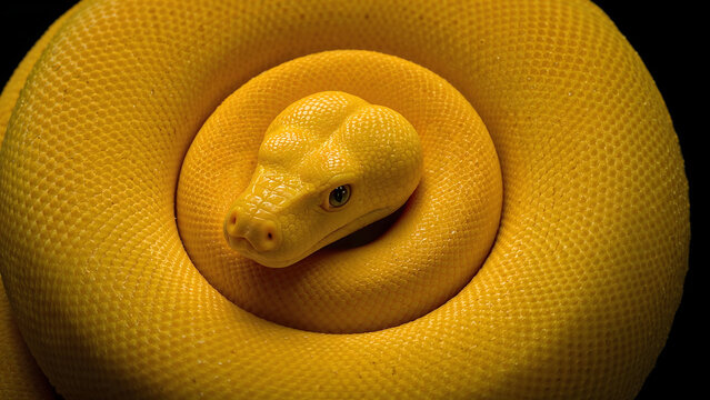 A vibrant yellow ball python coiled and resting on a dark background