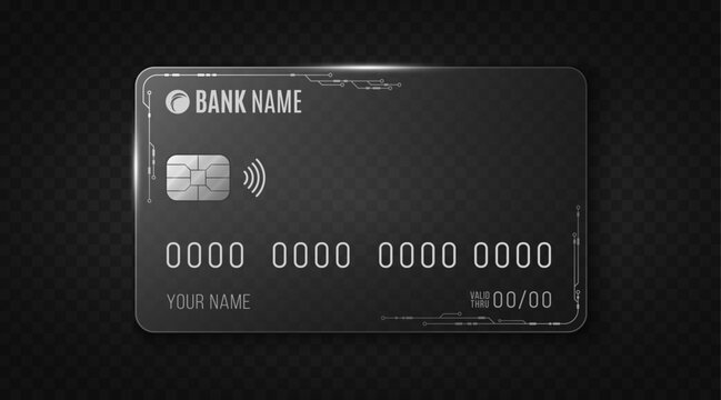 Glass bank card with electronic circuit details on a black transparent background. Credit card with chip and contactless icon for online payments and secure transactions. Vector illustration.