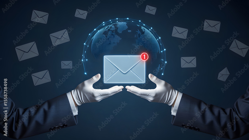 Poster an email delivery system is illustrated by gloved hands presenting a digital message with global con