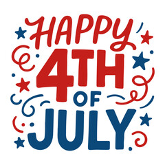 Illustration of happy fourth of july with red and blue stars and swirls on a white background