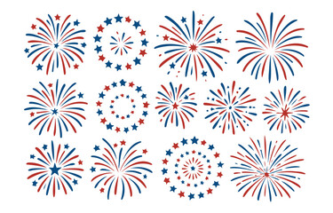 Illustration showcasing an assortment of festive red white and blue fireworks and starbursts designs