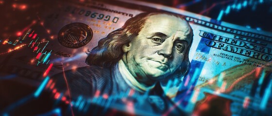 The detailed depiction of a hundred-dollar bill amidst fluctuating financial graphs.