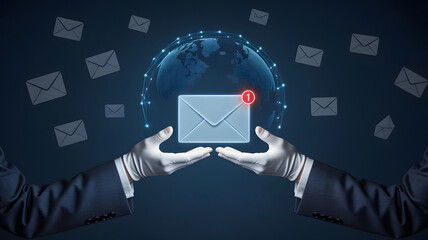 An email delivery system is illustrated by gloved hands presenting a digital message with global connectivity represented in the background.