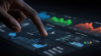 Hand interacting with advanced graphical data displays and information charts
