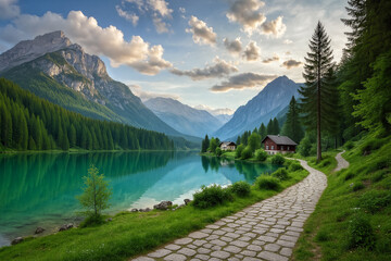 A mountain lake with clear, turquoise water reflects pine forests and peaks
