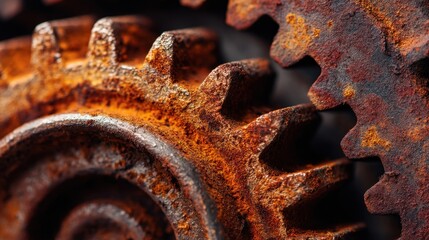 Close-up view of rusty interlocking industrial gears with rich texture detail