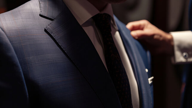 Tailoring of a men's suit in a studio. A professional tailor takes measurements for tailoring a suit in a studio. Exclusive concept of tailoring clothes to order. Men's clothing store - Powered by Adobe