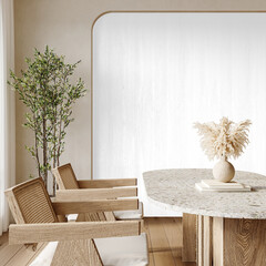 PNG Cutout Dining Room with Terrazzo Oval Table and Wooden Chairs - Interior Scene Isolated with Shadow on Transparent Background – 3D render