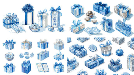 Charming watercolor illustrations of blue gift boxes, ribbons, and wrapping elements, perfect for holiday greetings, celebration designs, and festive packaging visuals.

