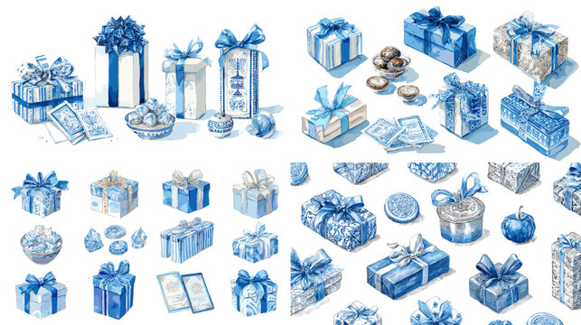 Charming watercolor illustrations of blue gift boxes, ribbons, and wrapping elements, perfect for holiday greetings, celebration designs, and festive packaging visuals.

