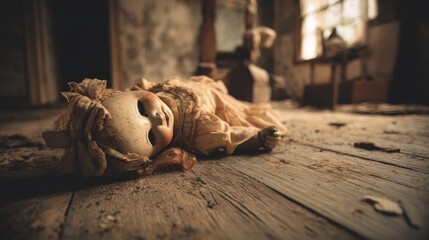 Old doll on a dirty wooden floor in an abandoned house