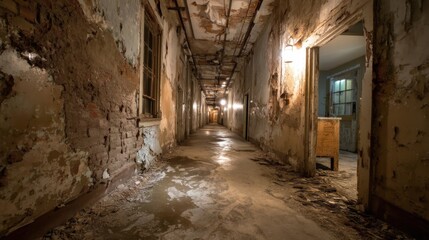 Dimly lit abandoned hallway with peeling paint and visible decay