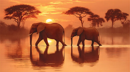 Fototapeta premium African Elephants at Sunset in Waterhole