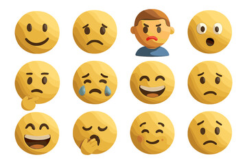 Various emoji expressions with diverse emotions and one male character