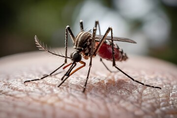 Mosquito Sitting on Human Hand, Drinking Blood
