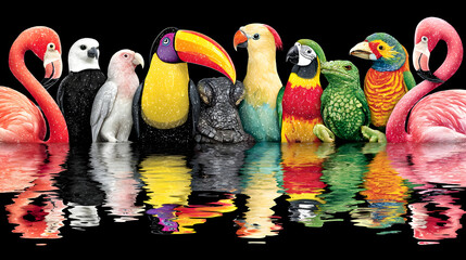 Vibrant Tropical Birds Reflection in Water