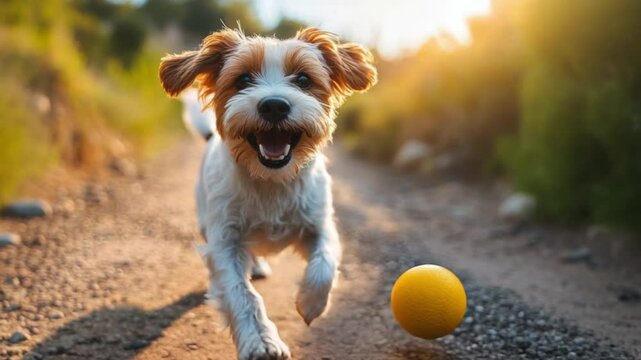playful dog chasing ball on sunny path, energetic pet running outdoors in light, happy dog running with ball outdoors, playful dog chasing ball in sunlight, cheerful dog playing fetch outside