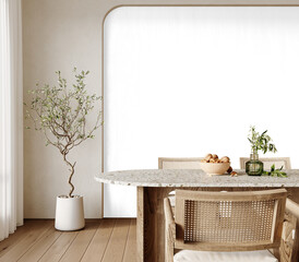 Isolated Scandinavian Dining Room with Stone Table, Cane Back Chairs and Minimal Decor - PNG Transparent Background with Realistic Shadow – 3D render