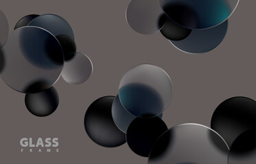 Transparent circles and balls in liquid glass style. Abstract geometric poster design.