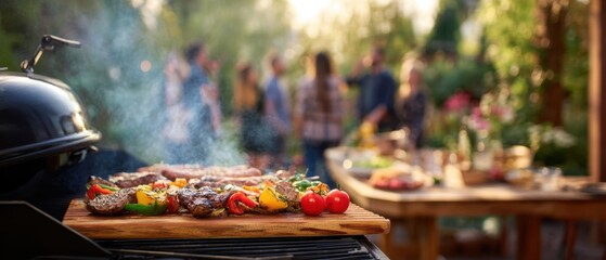 The sizzling barbecue with grilled meat and vegetables in a sunny garden setting.