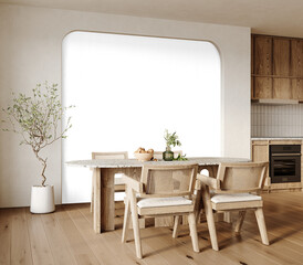 Modern Dining Room with Terrazzo Table and Cane Back Chairs - PNG Transparent Background Interior Cutout with Realistic Shadow for Design Projects