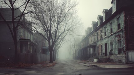 Misty street with old houses and bare trees on a quiet morning