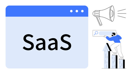 SaaS browser window with bold text, user interacting with search bar atop a growth chart, megaphone symbolizing promotion. Ideal for tech, marketing, growth, strategy, innovation, business software