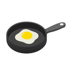 A single fried egg cooking in a black frying pan isolated on transparent background