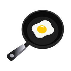 Flat design fried egg cooking in a black frying pan isolated on transparent background