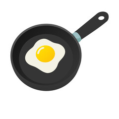 Flat design fried egg cooking in a black frying pan isolated on transparent background