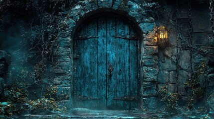 in damp stone corridor, heavy dungeon door commands attention, secured thick iron chains while flickering torchlight illuminates eerie atmosphere and surrounding shadows