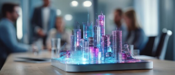 The futuristic city model showcasing innovative architectural design and business collaboration.