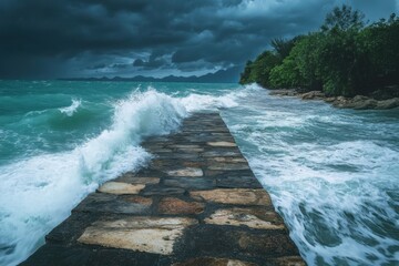 Stormy Ocean Waves Crash onto Rocky Pier with Dark Clouds Ahead