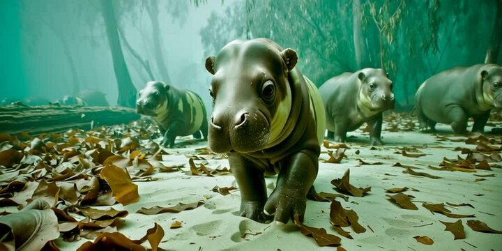 Baby Hippos in Tranquil Waters: A group of adorable baby hippos explores a serene underwater environment, showcasing their gentle nature and playful interaction in a habitat of aquatic plants.