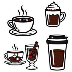 Hot Beverage Icons Coffee, Hot Chocolate, Tea, and Mulled Cider.
