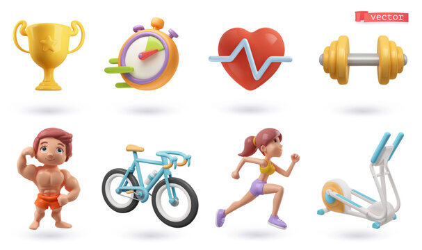 Sport 3d cartoon icon set. Golden cup, stopwatch, heart rate, dumbbell, bodybuilder, bicycle, runner, exercise machine