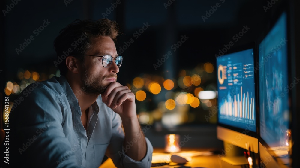 Aufkleber focused professional analyzing data on computer screen during a late night session
