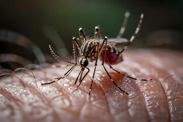 Mosquito Sitting on Human Hand, Drinking Blood