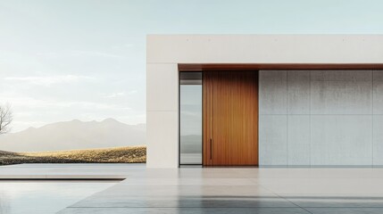 A sleek modern oak wooden front door with horizontal glass insets, surrounded by a minimalist white concrete wall and modern landscape