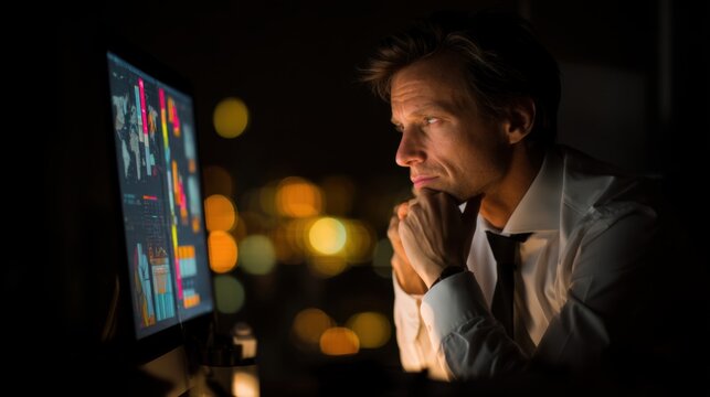 Businessman analyzing data on screen at night with focused intensity.