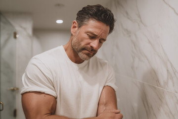 Reflection of Deep Thought: A man gazes thoughtfully at his reflection, embodying contemplation and introspection in the stark, modern setting of a bathroom.