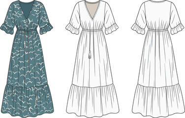Women’s boho maxi dress fashion flat sketch, flutter sleeves, drawstring waist, tiered hem, cloud print summer dress illustration vector

 flat vector illustration