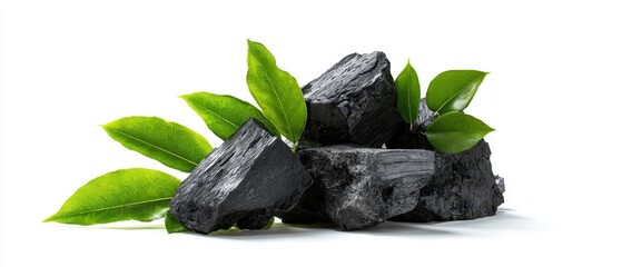 The charcoal piles adorned with fresh green leaves on a white background.