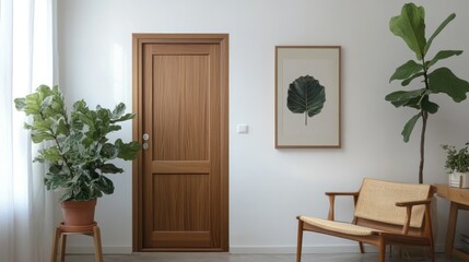 Interior shot showing a light modern walnut wooden door on a clean white wall, with a potted fiddle leaf fig and Scandinavian furniture